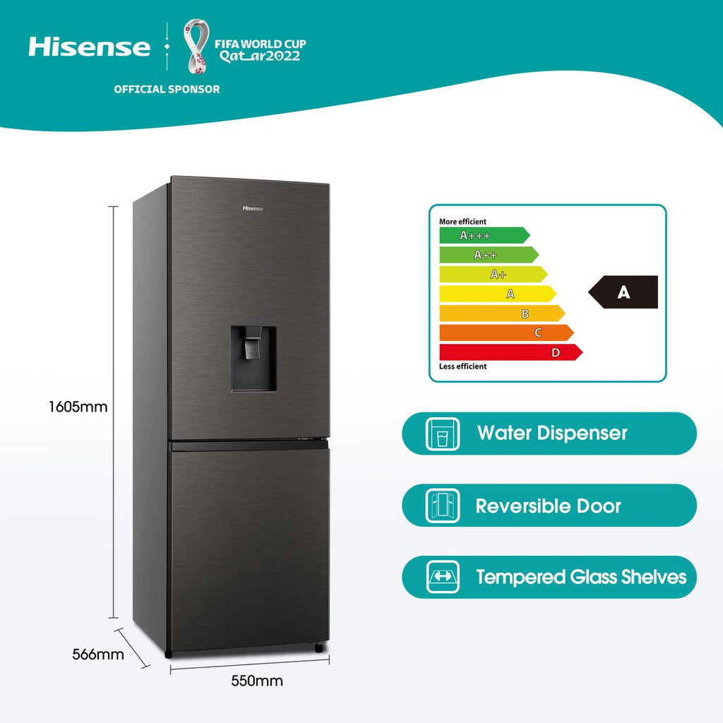 Hisense 222L Bottom Freezer Fridge with Water Dispenser -Titanium Inox