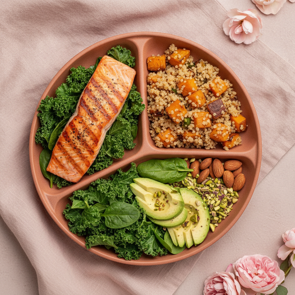A top-down view of a healthy meal divided into three sections: salmon with greens, quinoa with sweet potatoes, and avocado wi