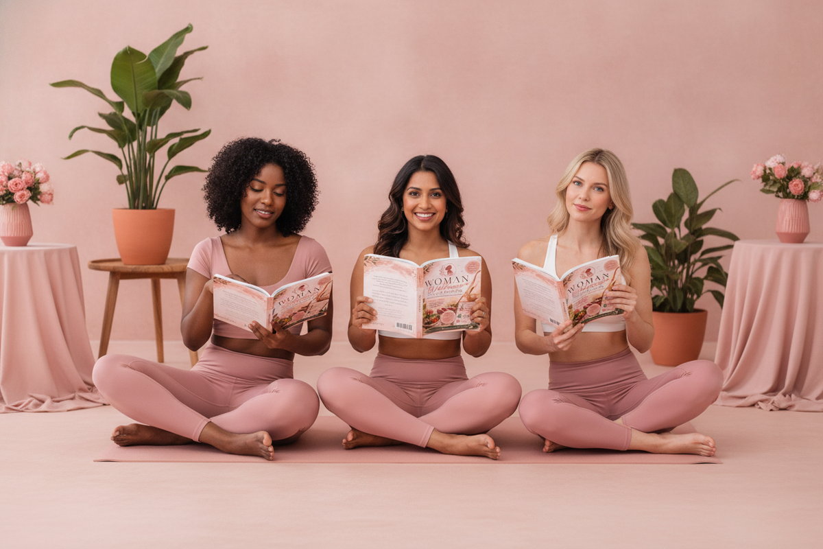 Three diverse women in activewear, smiling and holding copies of the Glow & Thrive: Women's Wellness Guide in a bright studio